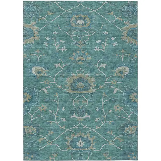 Teal Blue And Ivory Floral Washable Indoor Outdoor Area Rug Photo 2