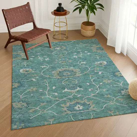 Teal Blue And Ivory Floral Washable Indoor Outdoor Area Rug Photo 9