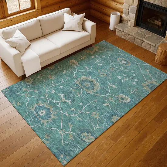 Teal Blue And Ivory Floral Washable Indoor Outdoor Area Rug Photo 7