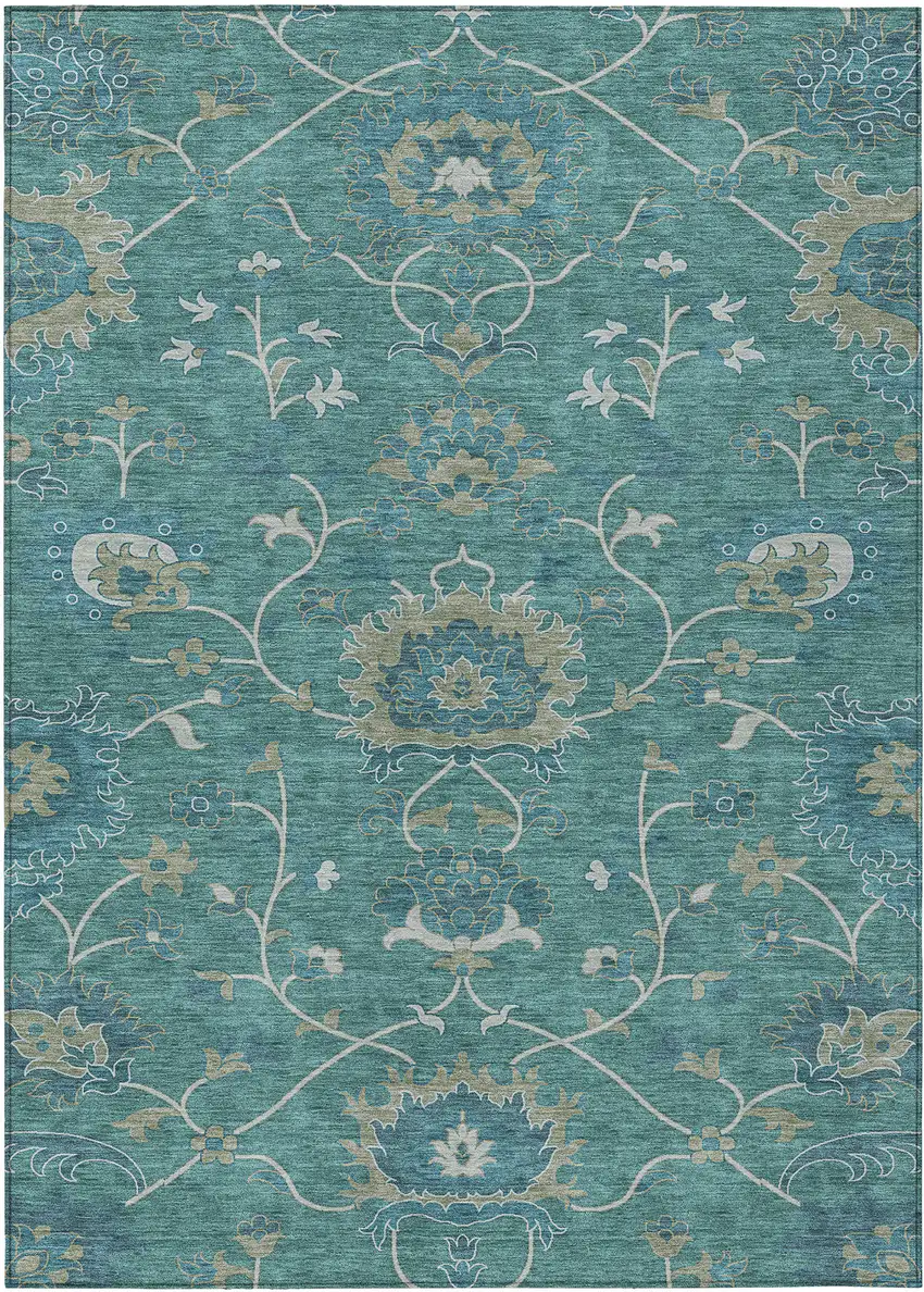 Teal Blue And Ivory Floral Washable Indoor Outdoor Area Rug Photo 2
