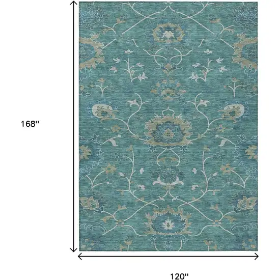 Teal Blue And Ivory Floral Washable Indoor Outdoor Area Rug Photo 3