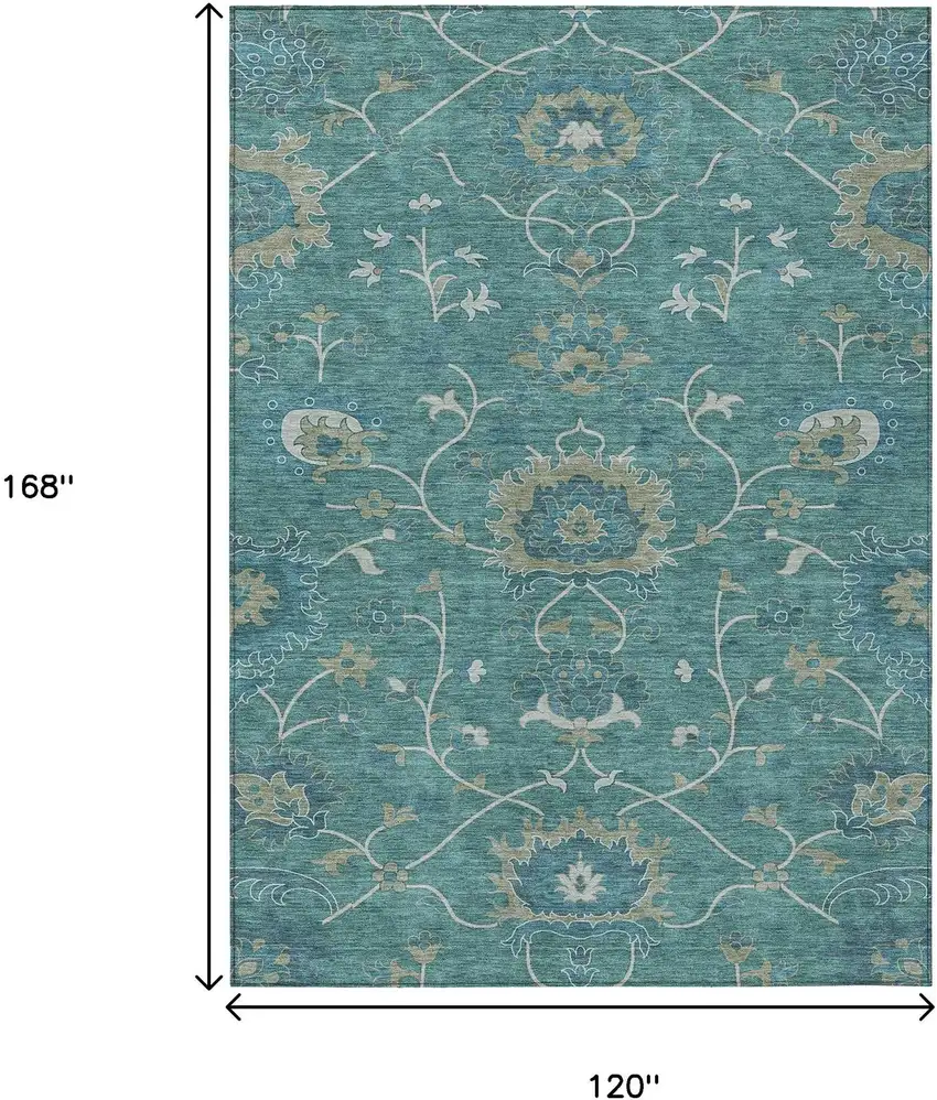 Teal Blue And Ivory Floral Washable Indoor Outdoor Area Rug Photo 3