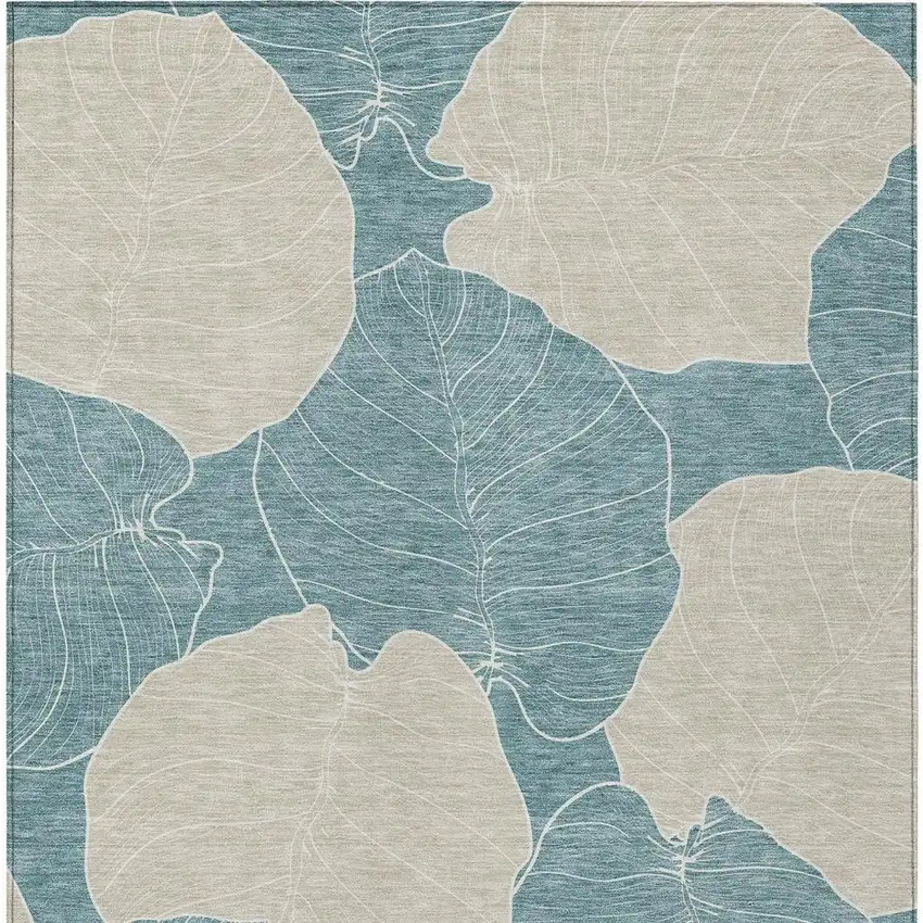 Teal Blue And Ivory Floral Washable Indoor Outdoor Area Rug Photo 3