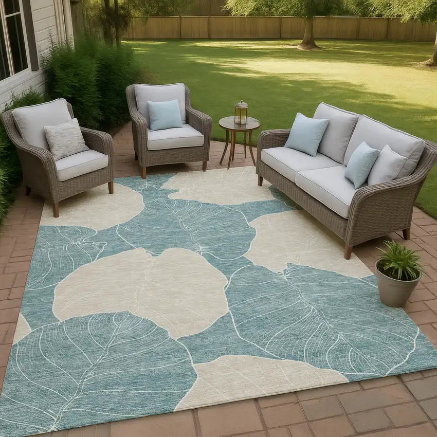 Teal Blue And Ivory Floral Washable Indoor Outdoor Area Rug Photo 4