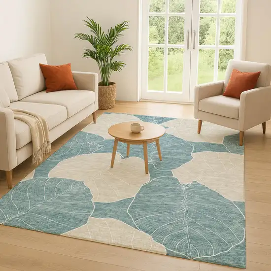 Teal Blue And Ivory Floral Washable Indoor Outdoor Area Rug Photo 5