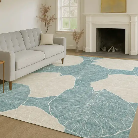 Teal Blue And Ivory Floral Washable Indoor Outdoor Area Rug Photo 6