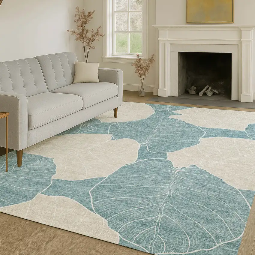 Teal Blue And Ivory Floral Washable Indoor Outdoor Area Rug Photo 6