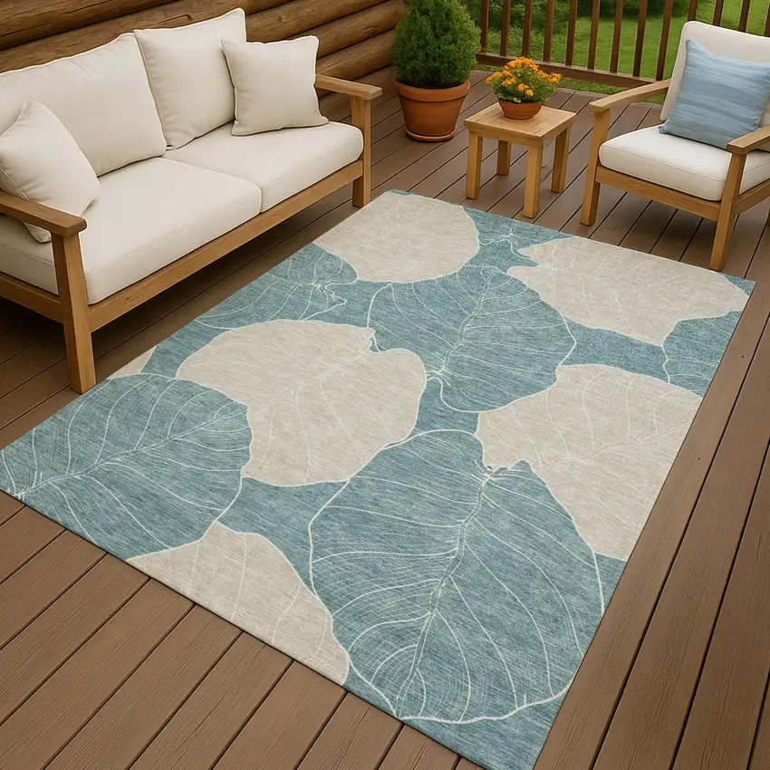 Teal Blue And Ivory Floral Washable Indoor Outdoor Area Rug Photo 7