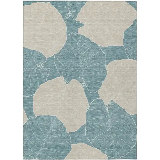 Teal Blue And Ivory Floral Washable Indoor Outdoor Area Rug Photo 1