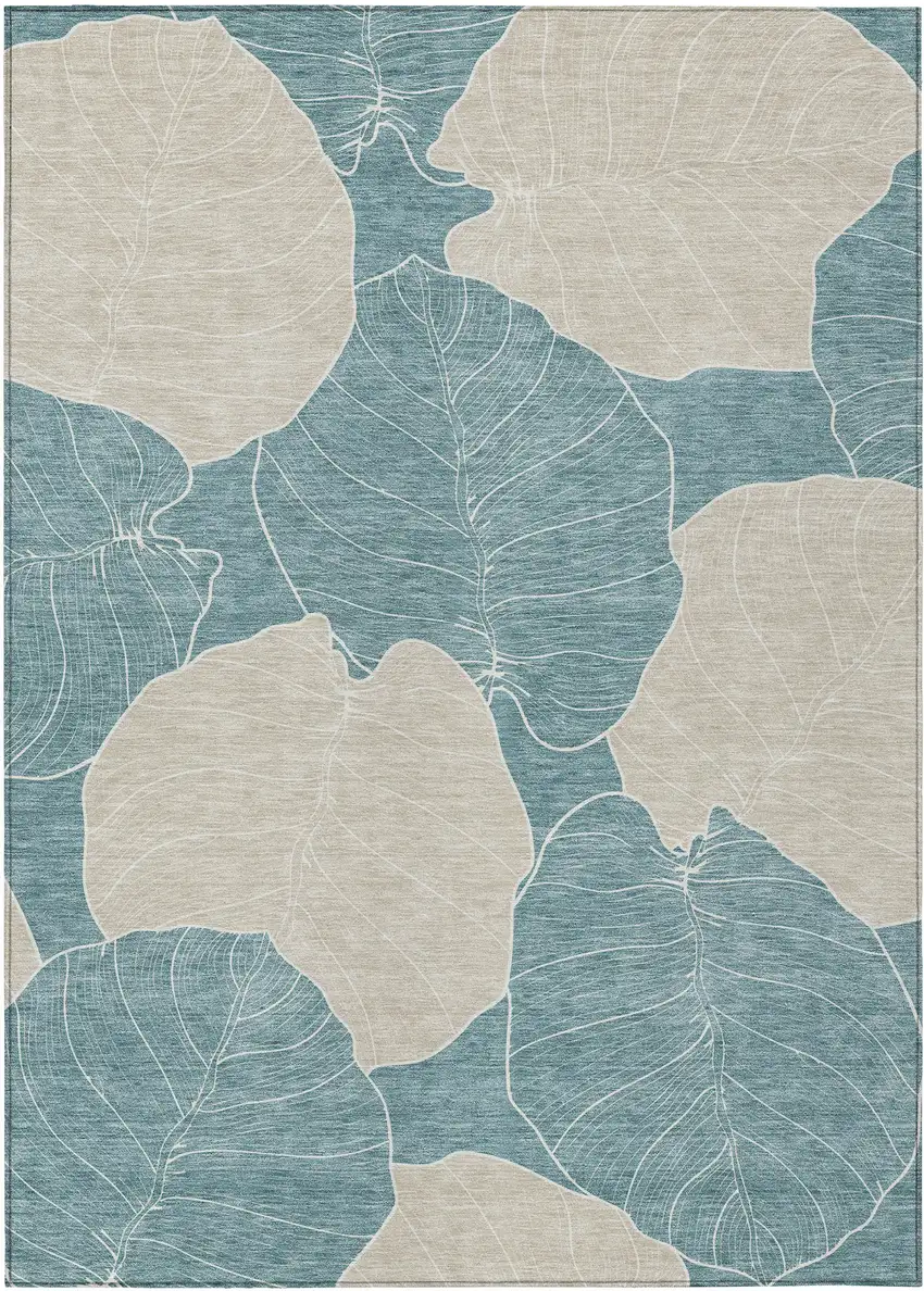 Teal Blue And Ivory Floral Washable Indoor Outdoor Area Rug Photo 1