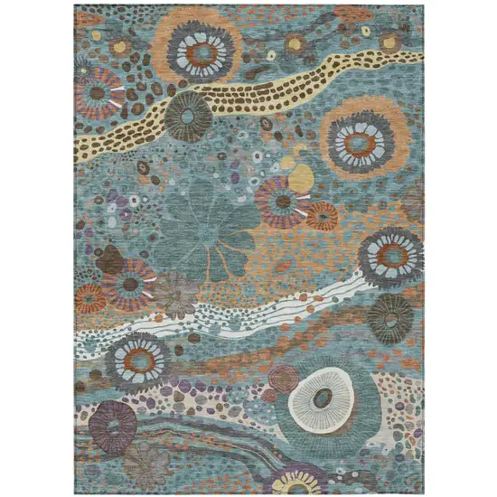 Teal Blue And Ivory Floral Washable Indoor Outdoor Area Rug Photo 2
