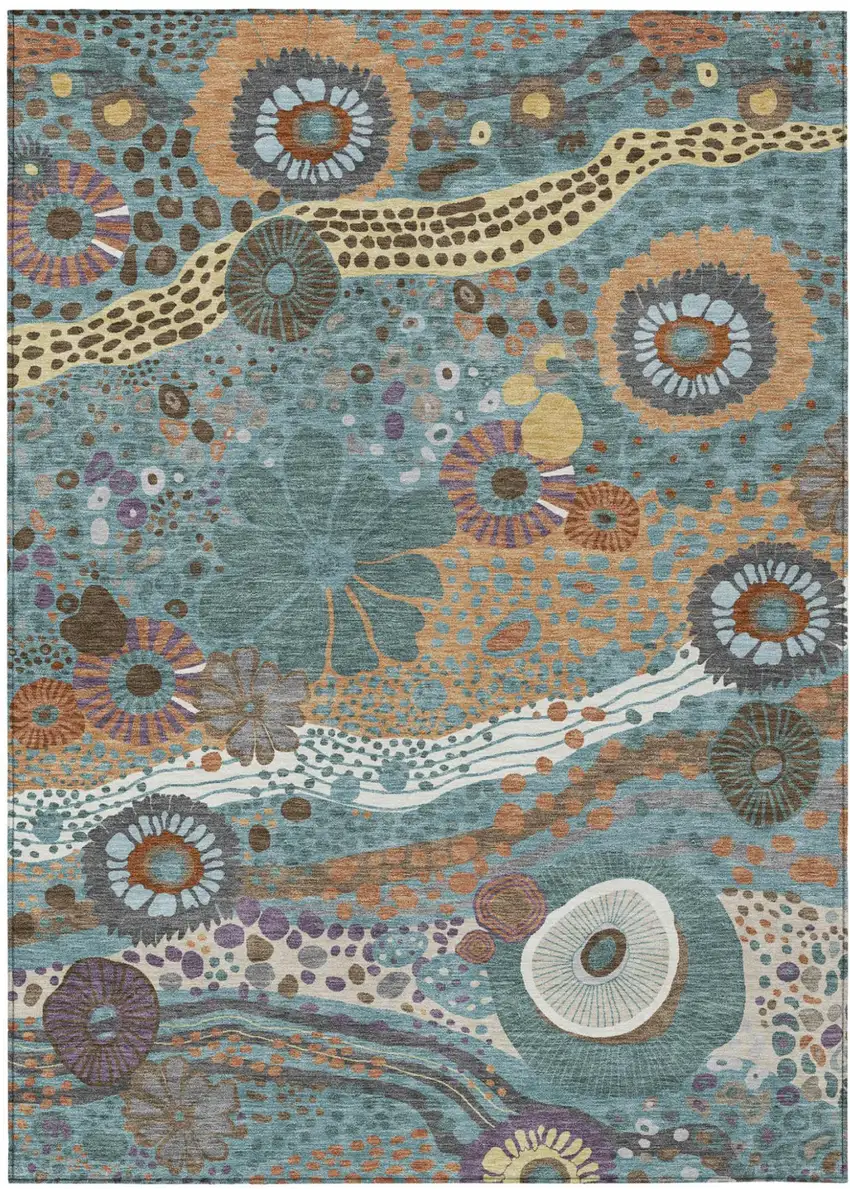 Teal Blue And Ivory Floral Washable Indoor Outdoor Area Rug Photo 2