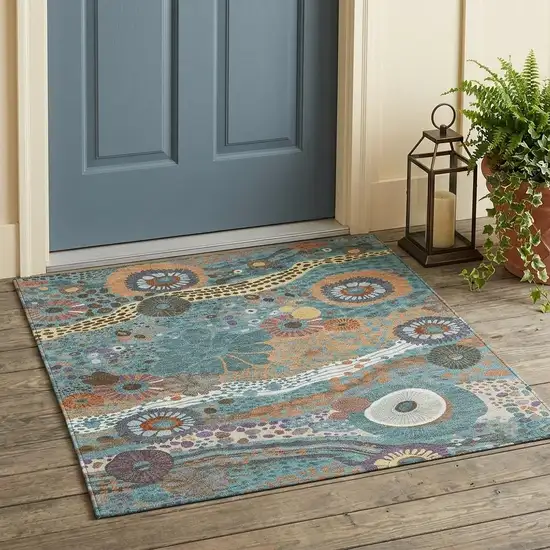 Teal Blue And Ivory Floral Washable Indoor Outdoor Area Rug Photo 1