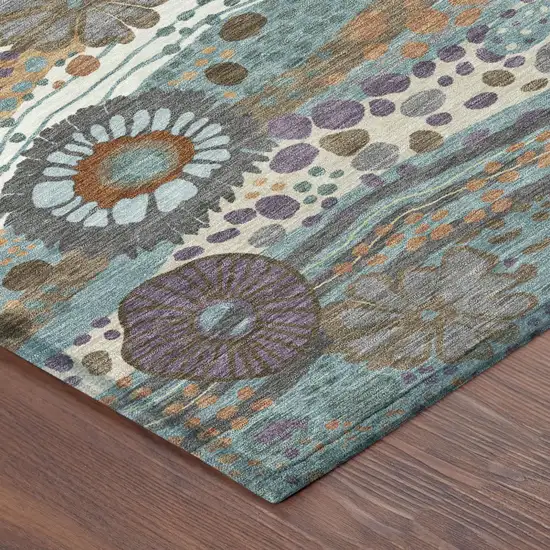Teal Blue And Ivory Floral Washable Indoor Outdoor Area Rug Photo 5