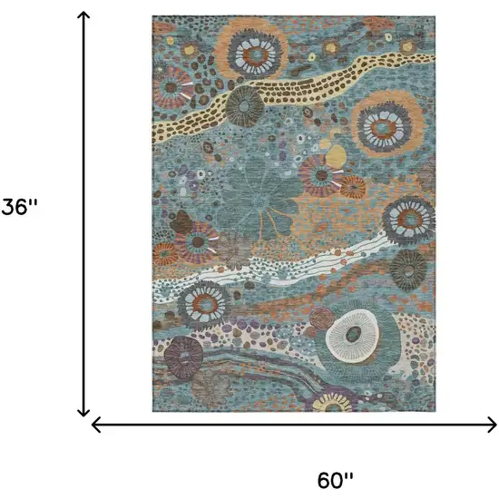 Teal Blue And Ivory Floral Washable Indoor Outdoor Area Rug Photo 7