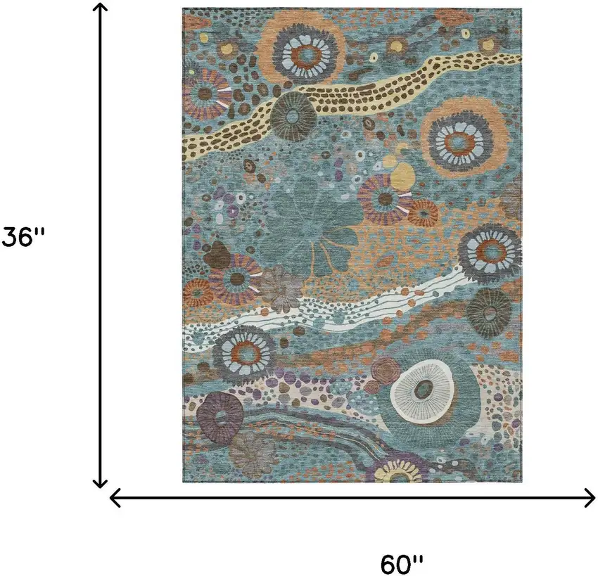 Teal Blue And Ivory Floral Washable Indoor Outdoor Area Rug Photo 7