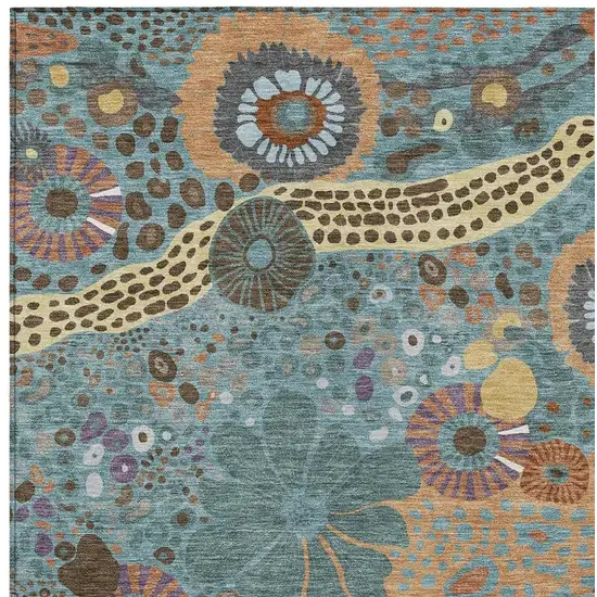 Teal Blue And Ivory Floral Washable Indoor Outdoor Area Rug Photo 3