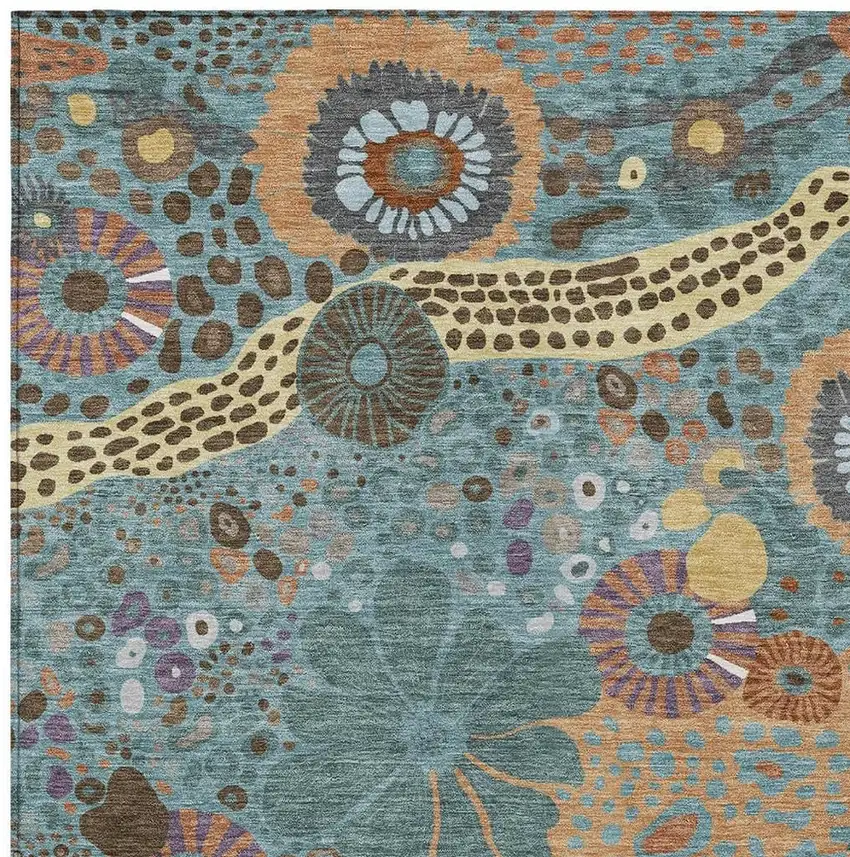 Teal Blue And Ivory Floral Washable Indoor Outdoor Area Rug Photo 3