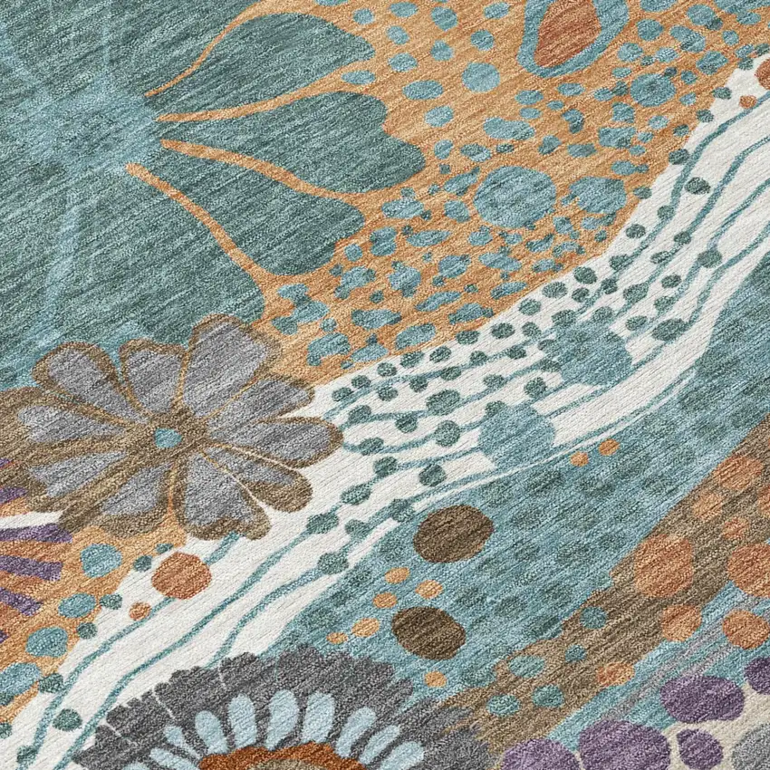 Teal Blue And Ivory Floral Washable Indoor Outdoor Area Rug Photo 6