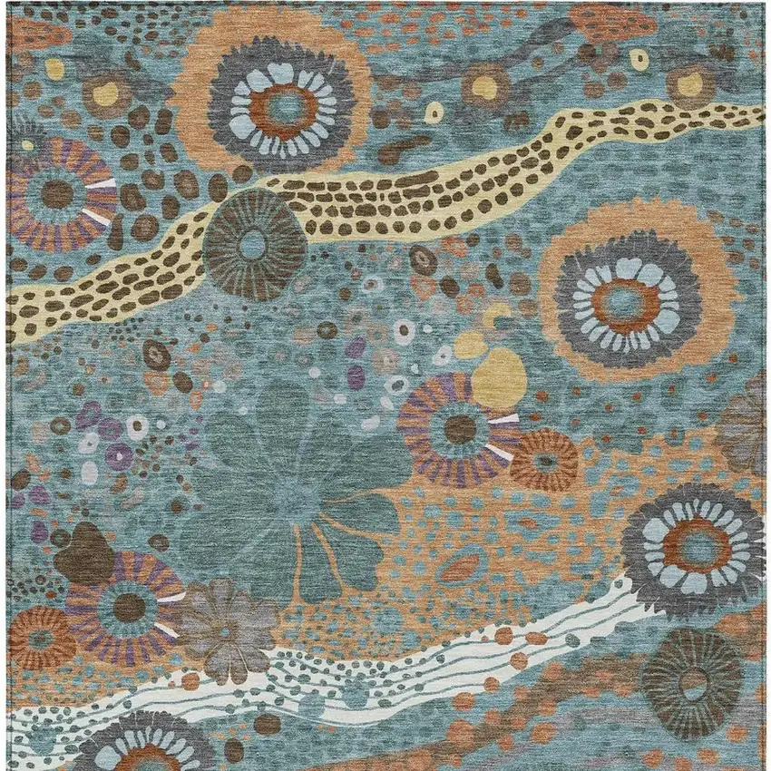 Teal Blue And Ivory Floral Washable Indoor Outdoor Area Rug Photo 4