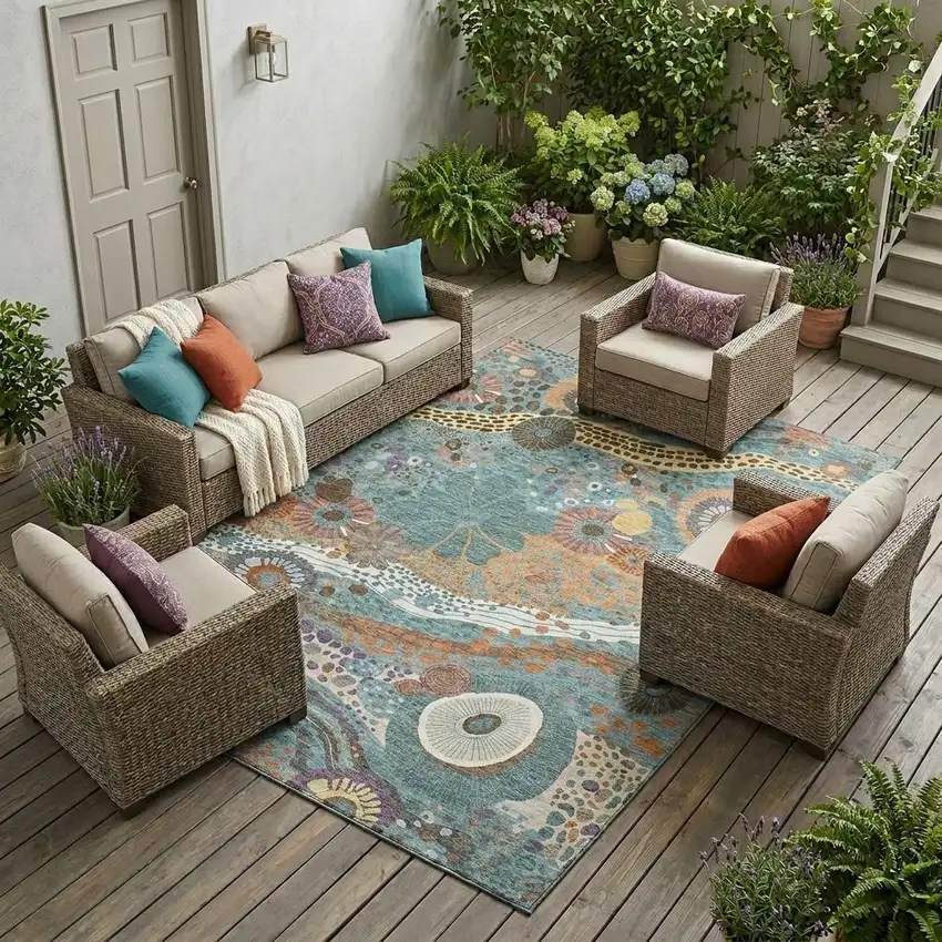 Teal Blue And Ivory Floral Washable Indoor Outdoor Area Rug Photo 1