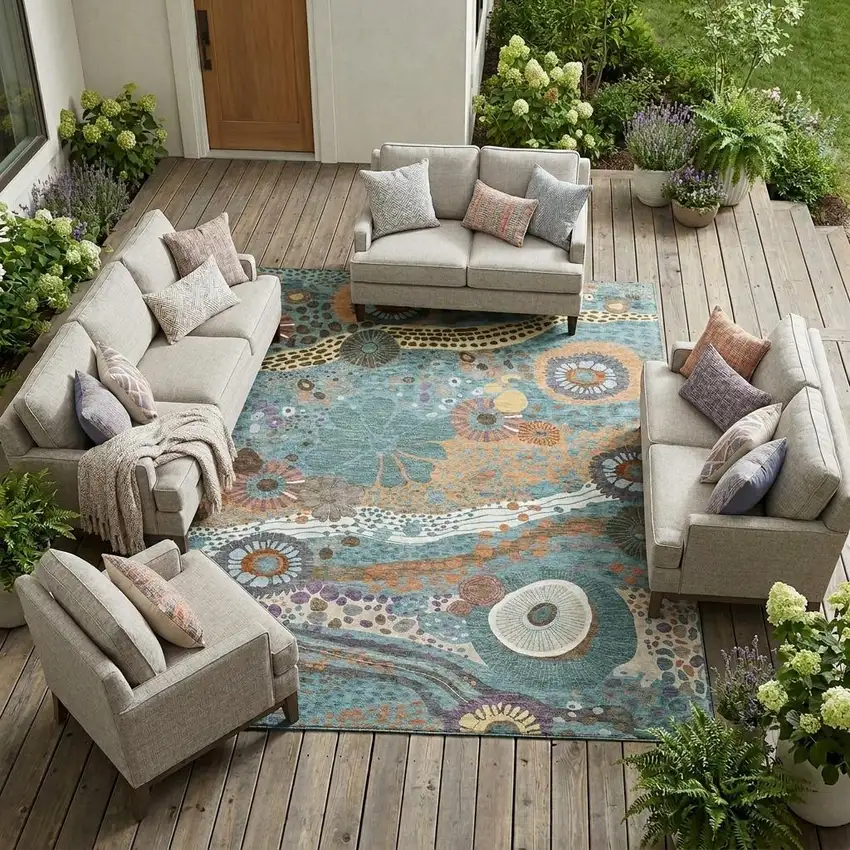 Teal Blue And Ivory Floral Washable Indoor Outdoor Area Rug Photo 1