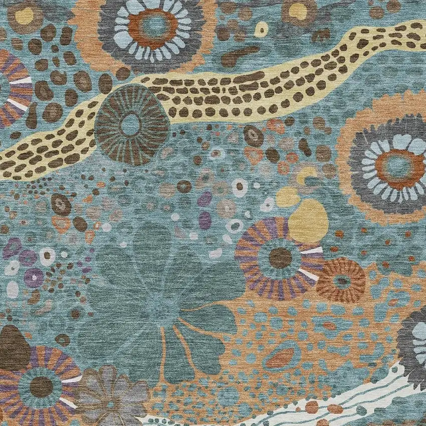 Teal Blue And Ivory Floral Washable Indoor Outdoor Area Rug Photo 3