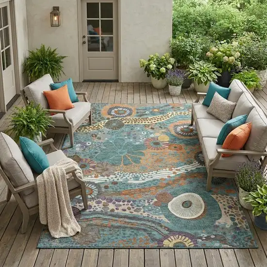 Teal Blue And Ivory Floral Washable Indoor Outdoor Area Rug Photo 1