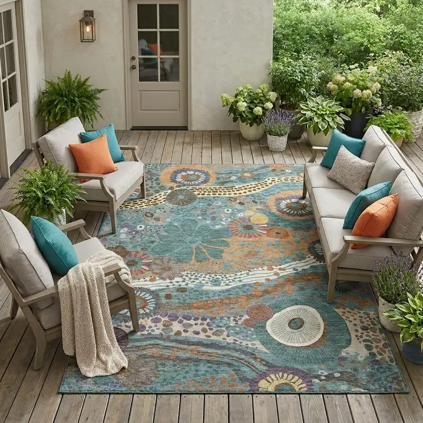 Teal Blue And Ivory Floral Washable Indoor Outdoor Area Rug Photo 1