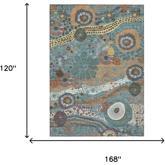 Teal Blue And Ivory Floral Washable Indoor Outdoor Area Rug Photo 7