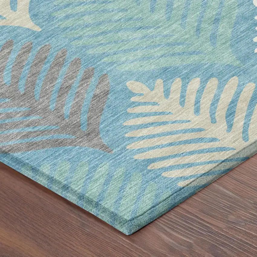 Teal Blue And Ivory Floral Washable Indoor Outdoor Area Rug Photo 5