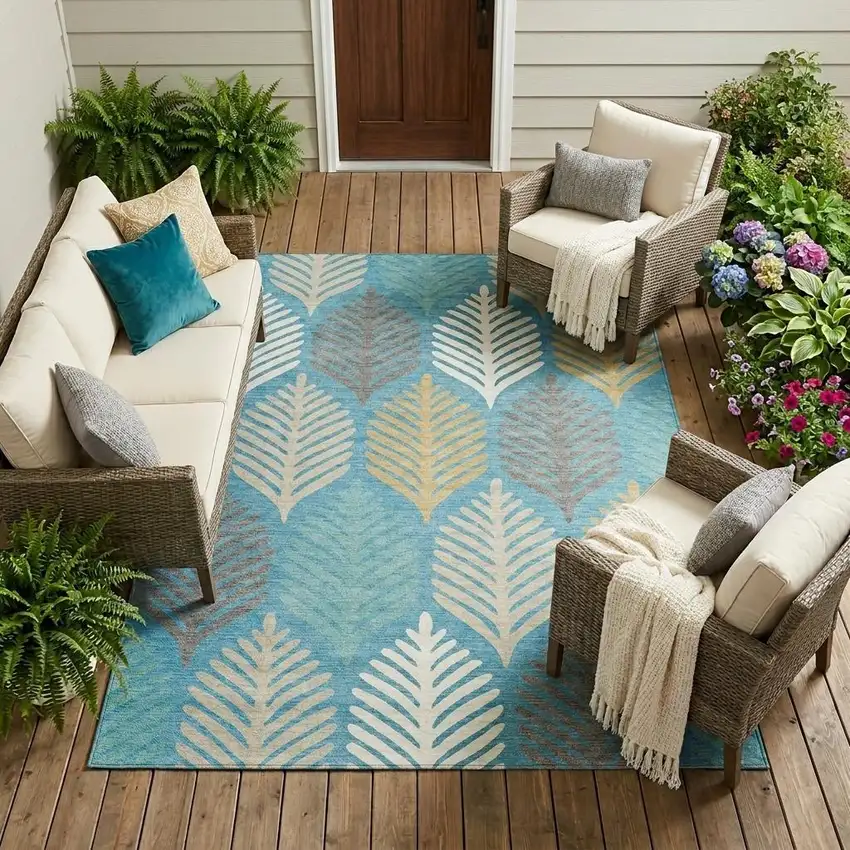 Teal Blue And Ivory Floral Washable Indoor Outdoor Area Rug Photo 1