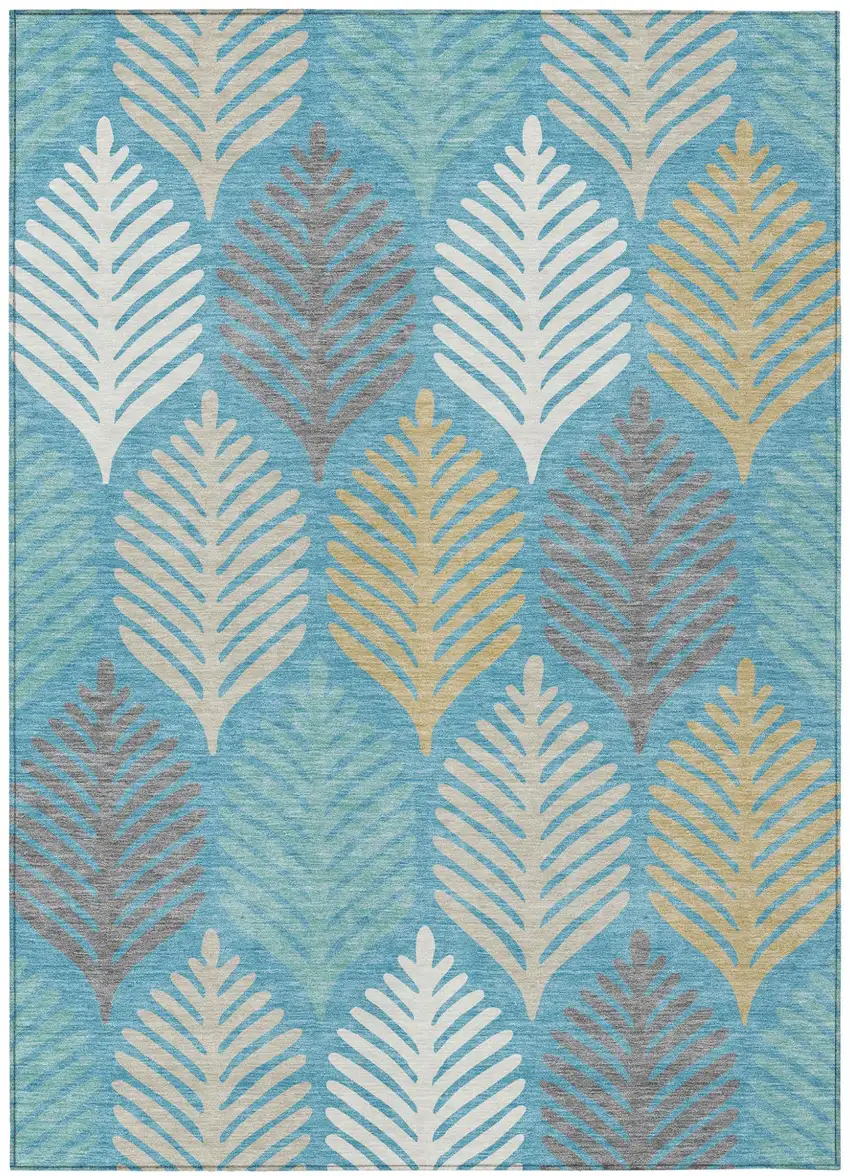 Teal Blue And Ivory Floral Washable Indoor Outdoor Area Rug Photo 2
