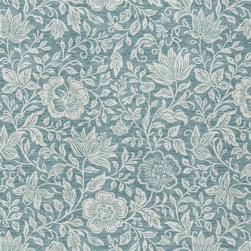 Teal Blue And Ivory Floral Washable Indoor Outdoor Area Rug Photo 2