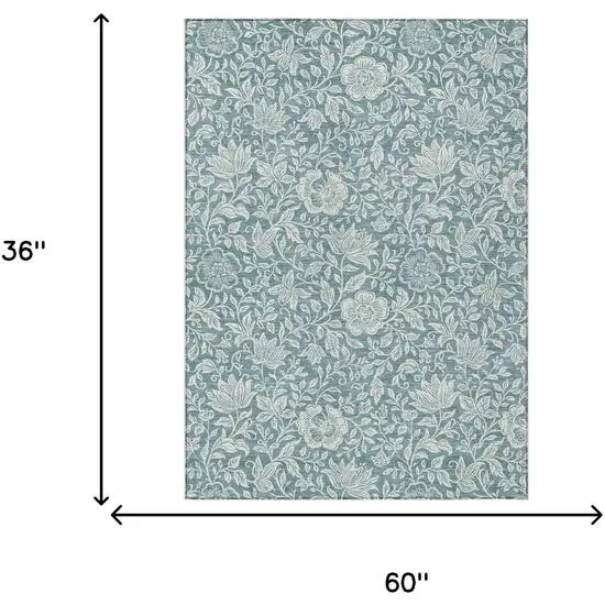 Teal Blue And Ivory Floral Washable Indoor Outdoor Area Rug Photo 6