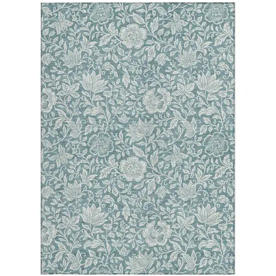 Teal Blue And Ivory Floral Washable Indoor Outdoor Area Rug Photo 3