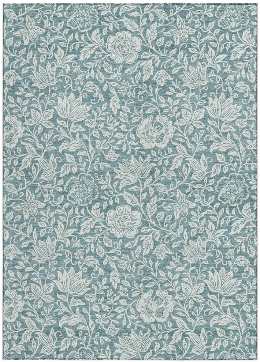 Teal Blue And Ivory Floral Washable Indoor Outdoor Area Rug Photo 3
