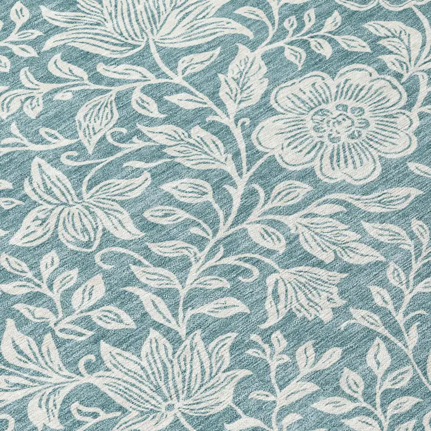 Teal Blue And Ivory Floral Washable Indoor Outdoor Area Rug Photo 5