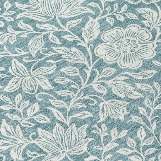 Teal Blue And Ivory Floral Washable Indoor Outdoor Area Rug Photo 5
