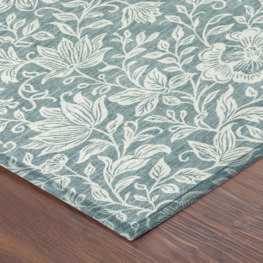 Teal Blue And Ivory Floral Washable Indoor Outdoor Area Rug Photo 4
