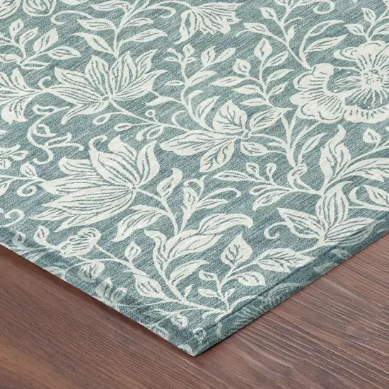 Teal Blue And Ivory Floral Washable Indoor Outdoor Area Rug Photo 4