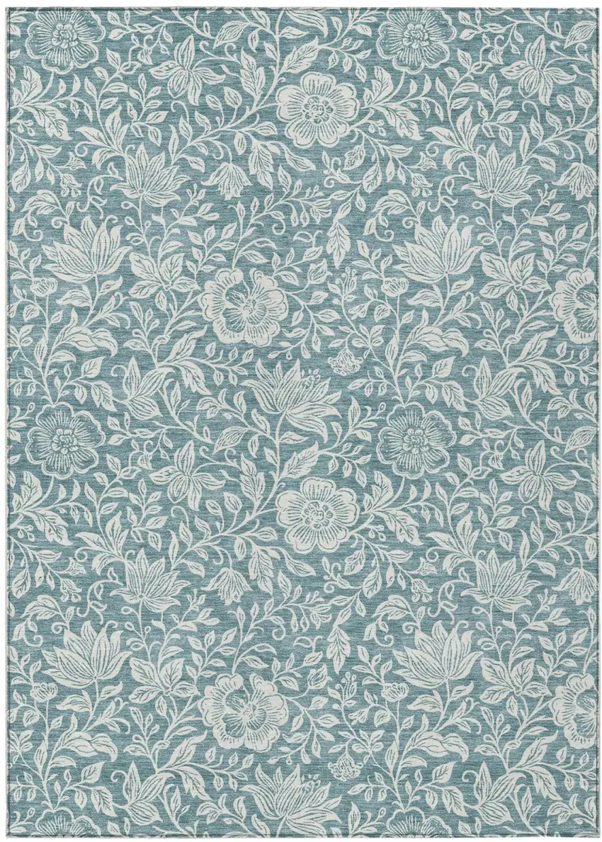Teal Blue And Ivory Floral Washable Indoor Outdoor Area Rug Photo 1