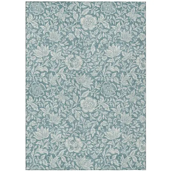Teal Blue And Ivory Floral Washable Indoor Outdoor Area Rug Photo 1