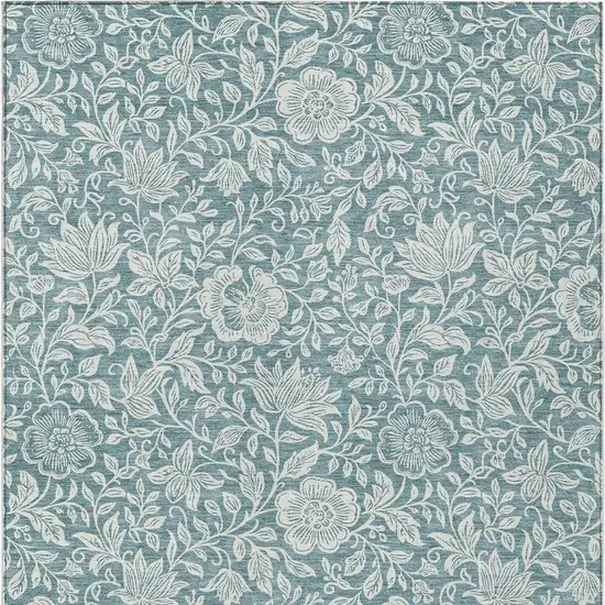 Teal Blue And Ivory Floral Washable Indoor Outdoor Area Rug Photo 3