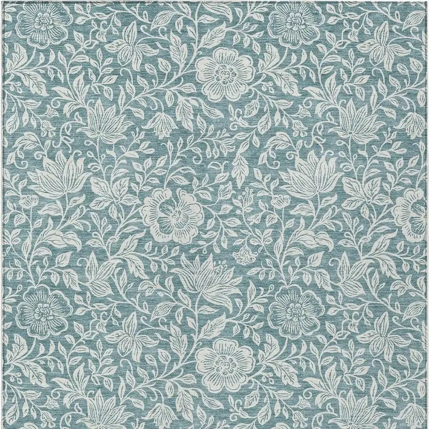 Teal Blue And Ivory Floral Washable Indoor Outdoor Area Rug Photo 3