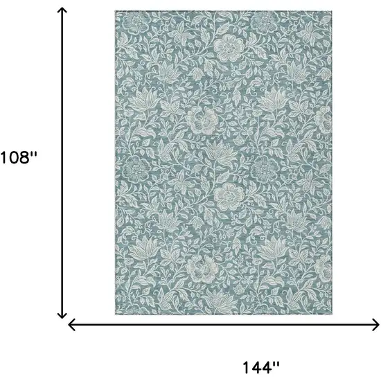 Teal Blue And Ivory Floral Washable Indoor Outdoor Area Rug Photo 6
