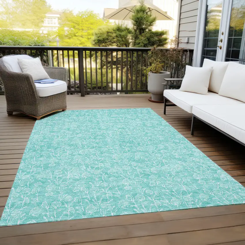 Teal Blue And Ivory Floral Washable Indoor Outdoor Area Rug Photo 9