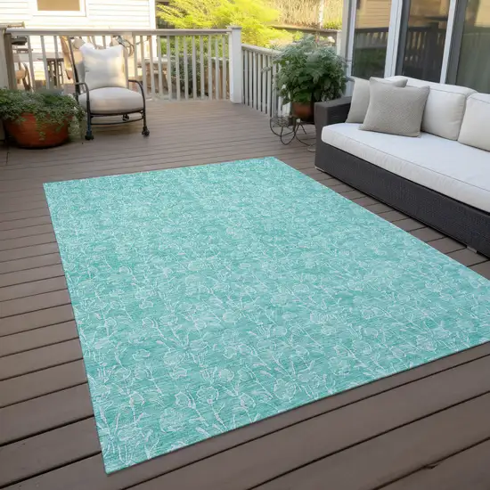 Teal Blue And Ivory Floral Washable Indoor Outdoor Area Rug Photo 7