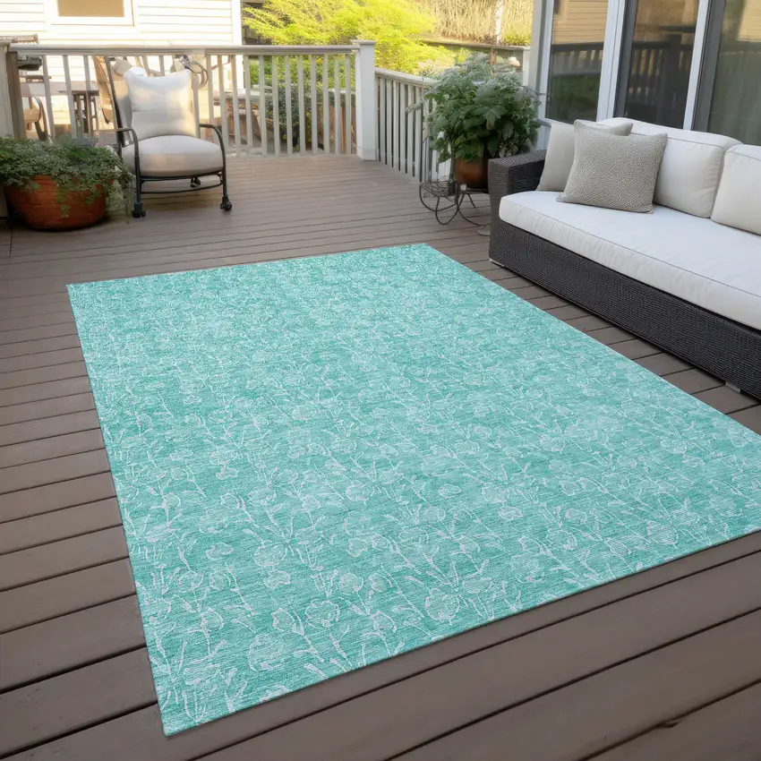 Teal Blue And Ivory Floral Washable Indoor Outdoor Area Rug Photo 7
