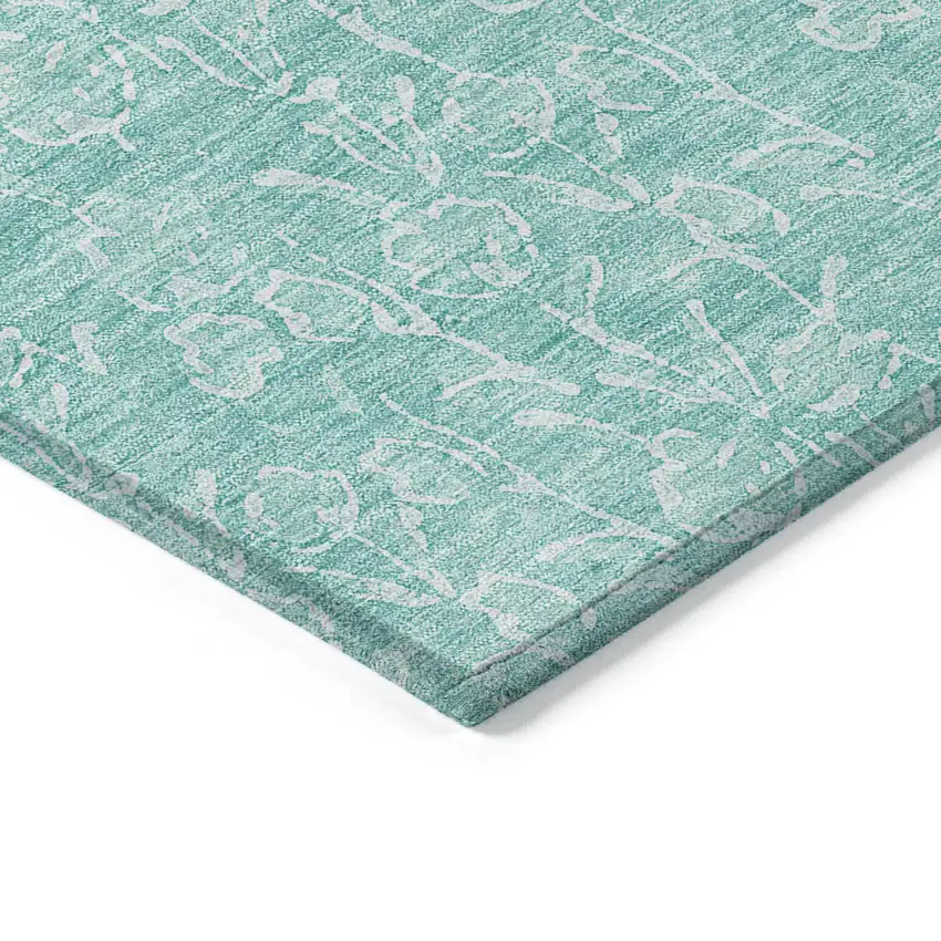 Teal Blue And Ivory Floral Washable Indoor Outdoor Area Rug Photo 4